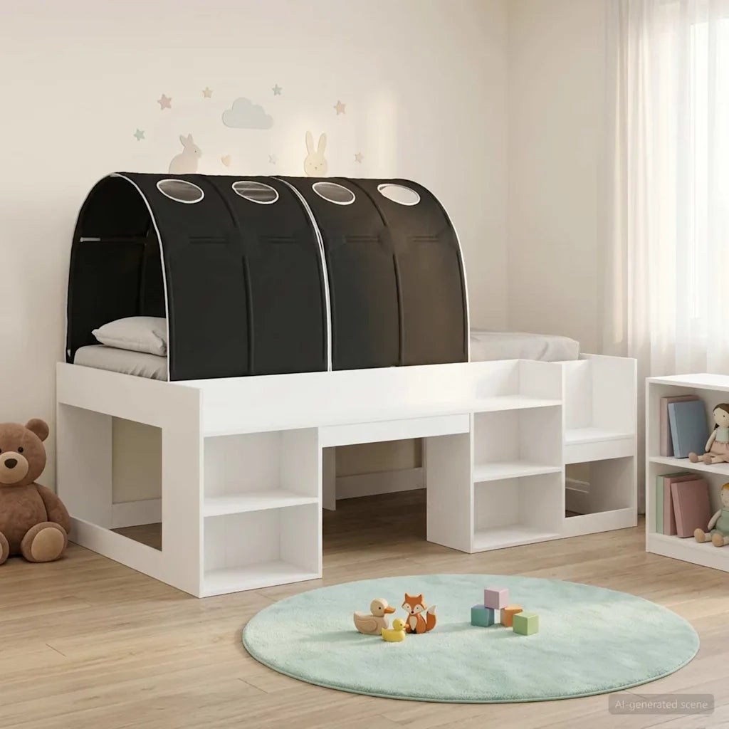 Letto con Tunnel 3 pcs Bianco e Nero Legno ingegnerizzato