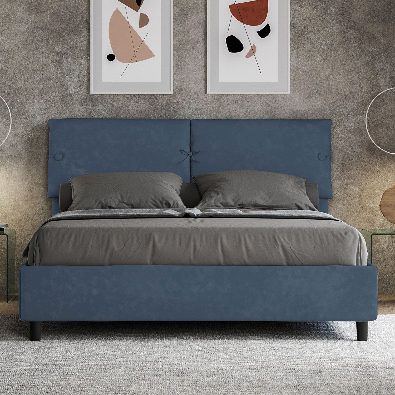 Letto Matrimoniale 160x210 cm con Rete e Contenitore con Testata e Alzata Comoda Imbottito in Microfibra Sleeper Blu