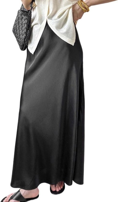 Abito da donna con vita alta - Elegante abito lungo nero per estate (taglia L)