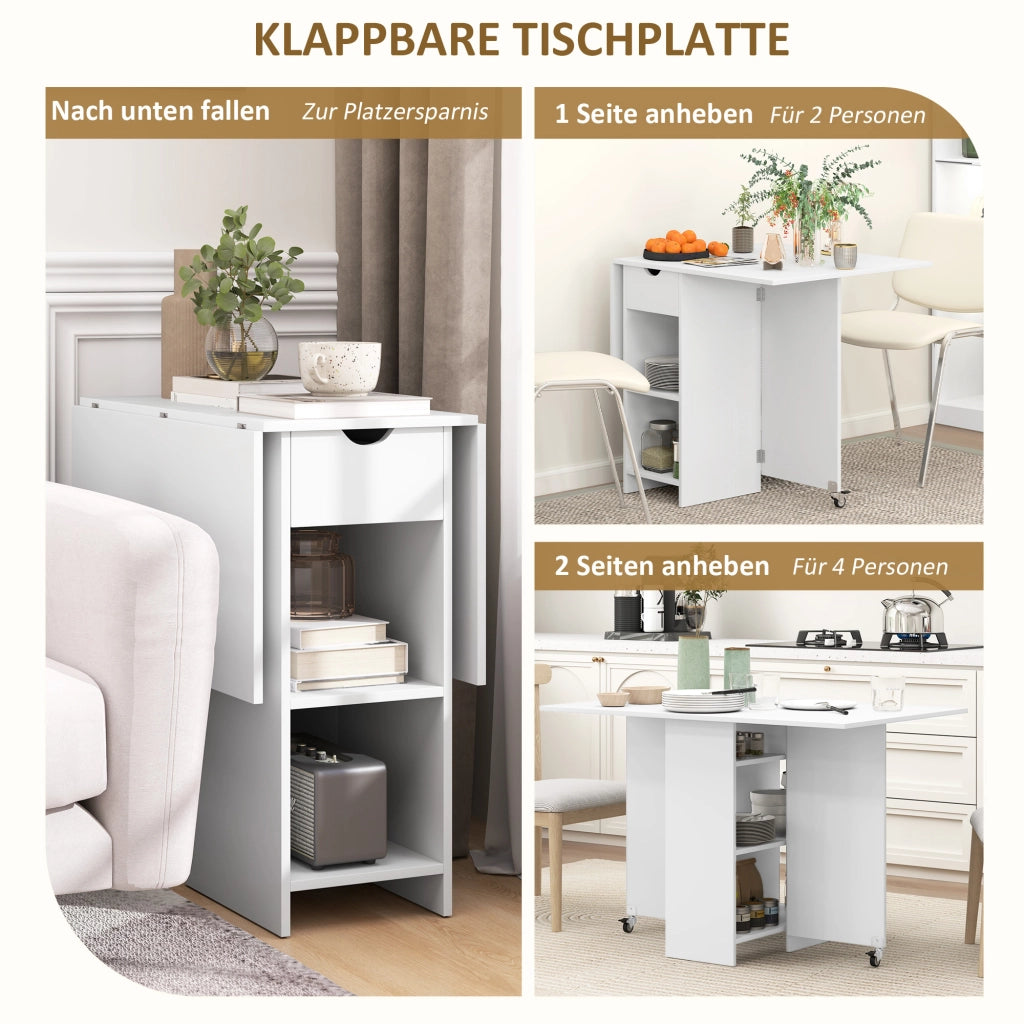 Tavolo da pranzo - pieghevole per 2-4 persone - con ripiani e cassetto - 114;5x70x75 cm - bianco