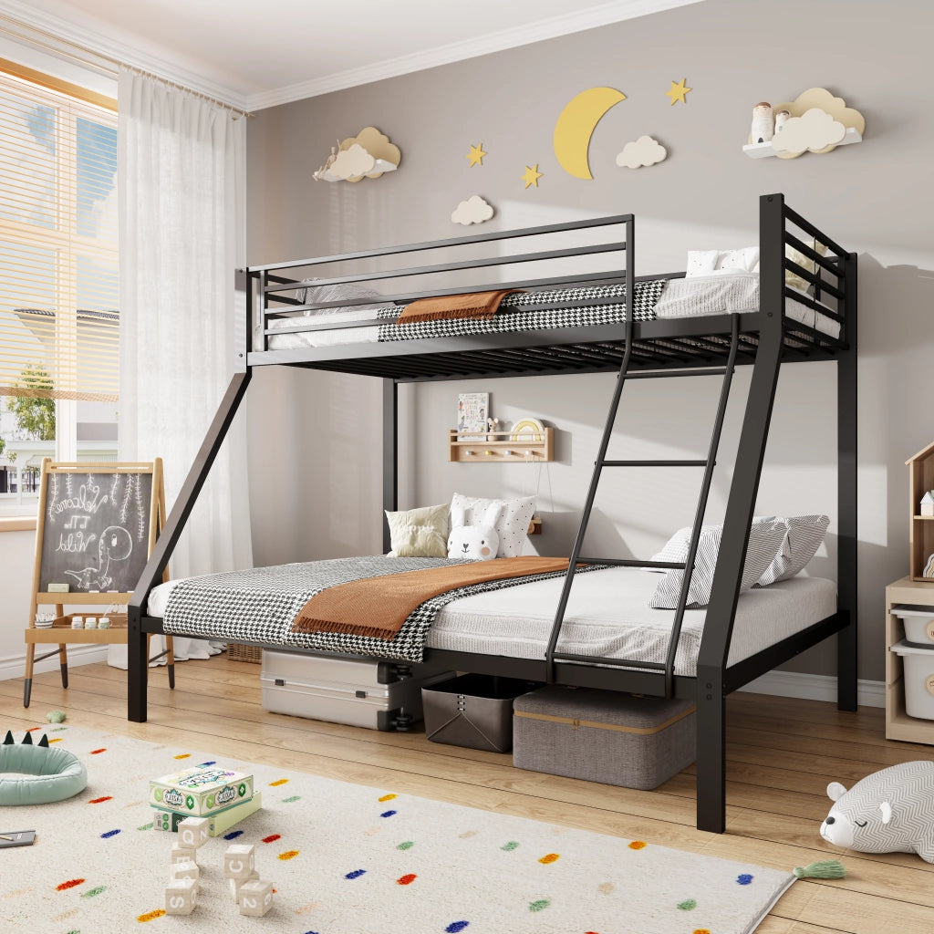 Letto a Castello 90 x 200 cm e 140 x 200 cm con Scala Reversibile in Metallo Nero