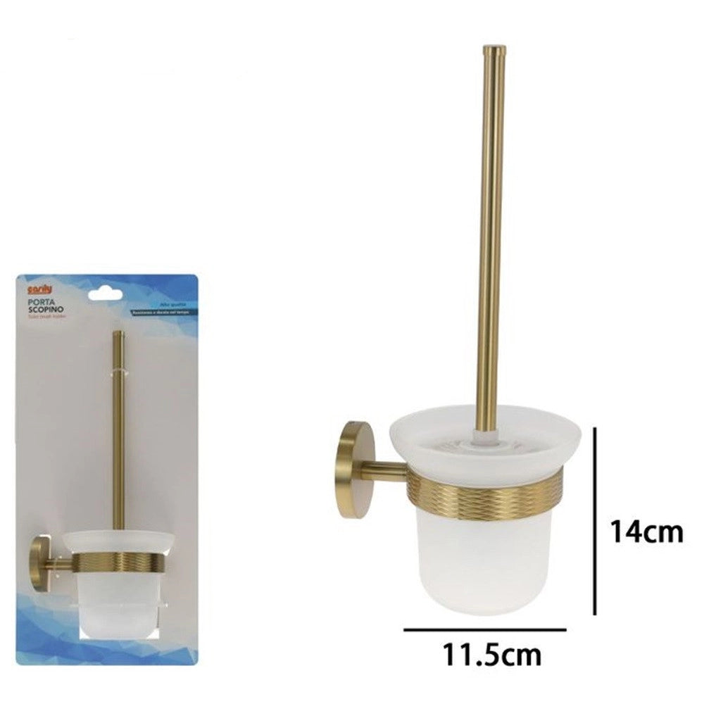 Trade Shop - Porta Scopino Per Wc In Acciaio Oro Con Bicchiere Vetro Satinato Accessorio Bagno 87935 -
