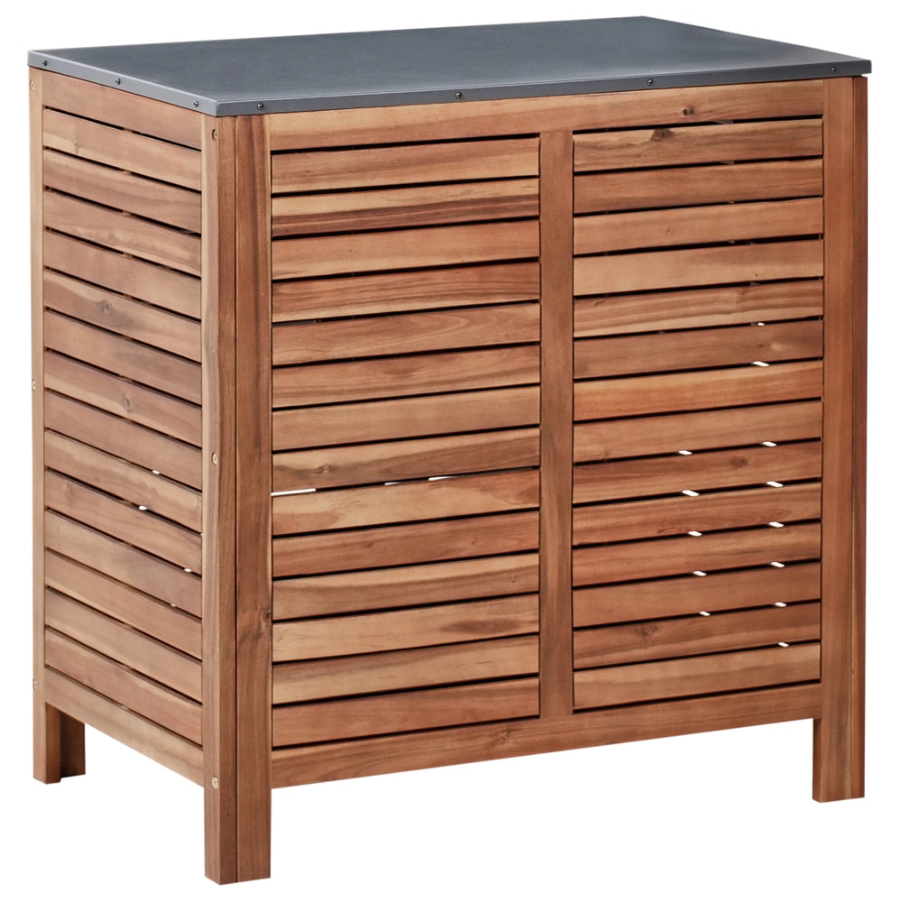 Mobile da giardino in legno di acacia a 2 ante e 2 ripiani 80 x 50 x 83 cm Piano in acciaio Marrone