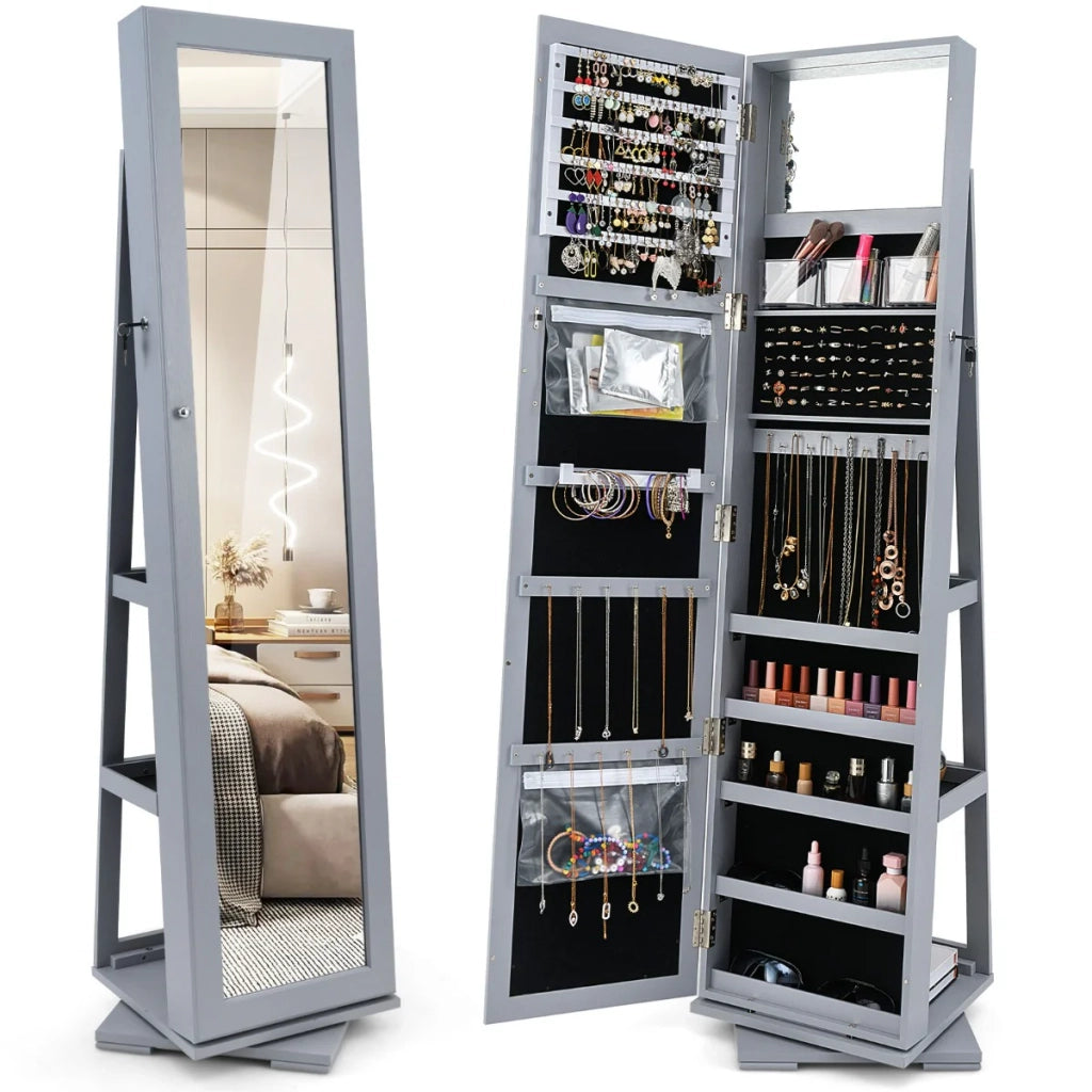 Mobile portagioielli girevole a 360 gradi 39 x 39 x 161 cm con specchio a figura intera finitura velluto grigio 20_0019104