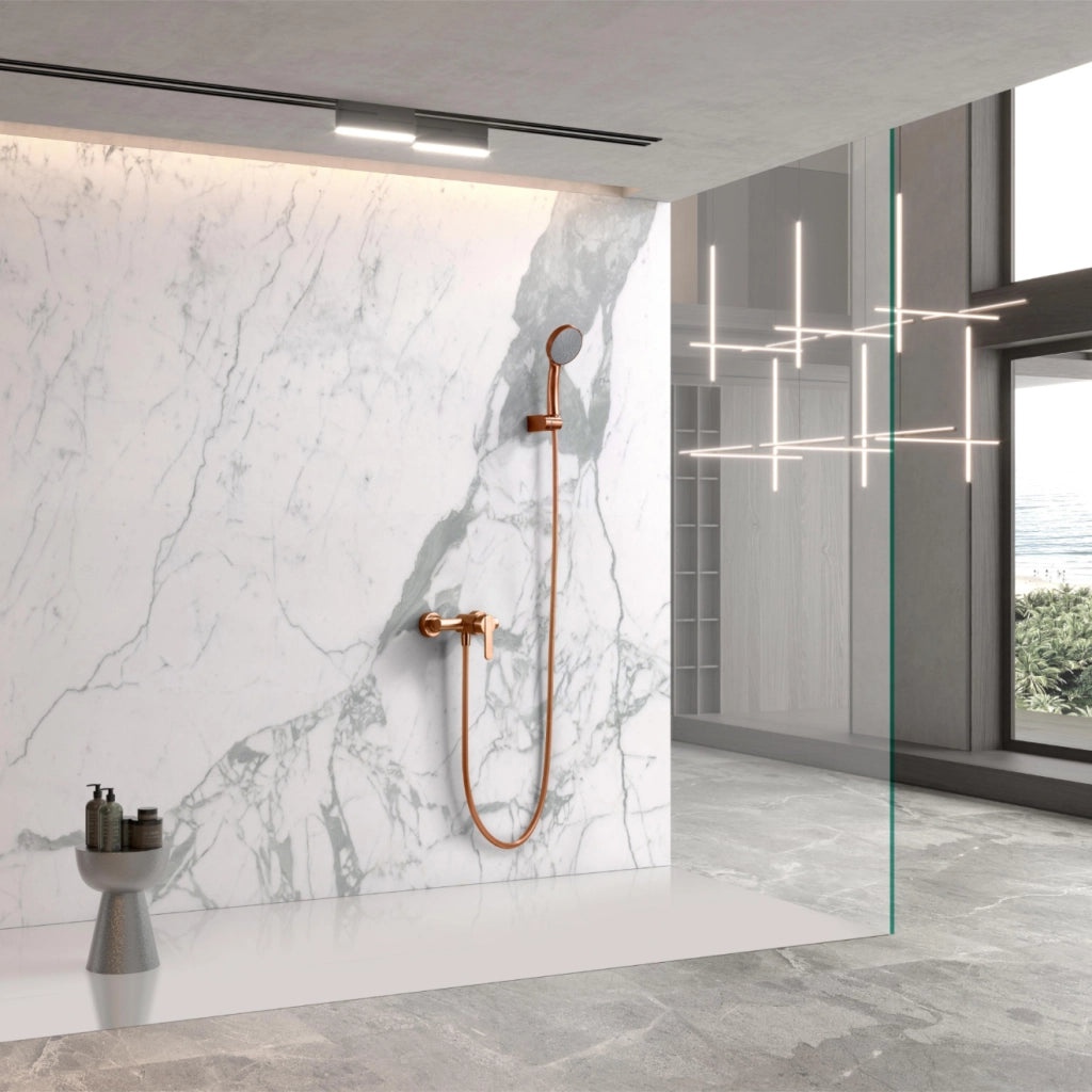 IMEX Set doccia Roma miscelatore doccia in ottone con tubo flessibile metallico 180 cm supporto doccetta ABS maniglia rotonda cartuccia ceramica Ø35 mm finitura PVD oro rosa spazzolato Imex-BDR001