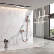 IMEX Set doccia Roma miscelatore doccia in ottone con tubo flessibile metallico 180 cm supporto doccetta ABS maniglia rotonda cartuccia ceramica Ø35 mm finitura PVD oro rosa spazzolato Imex-BDR001