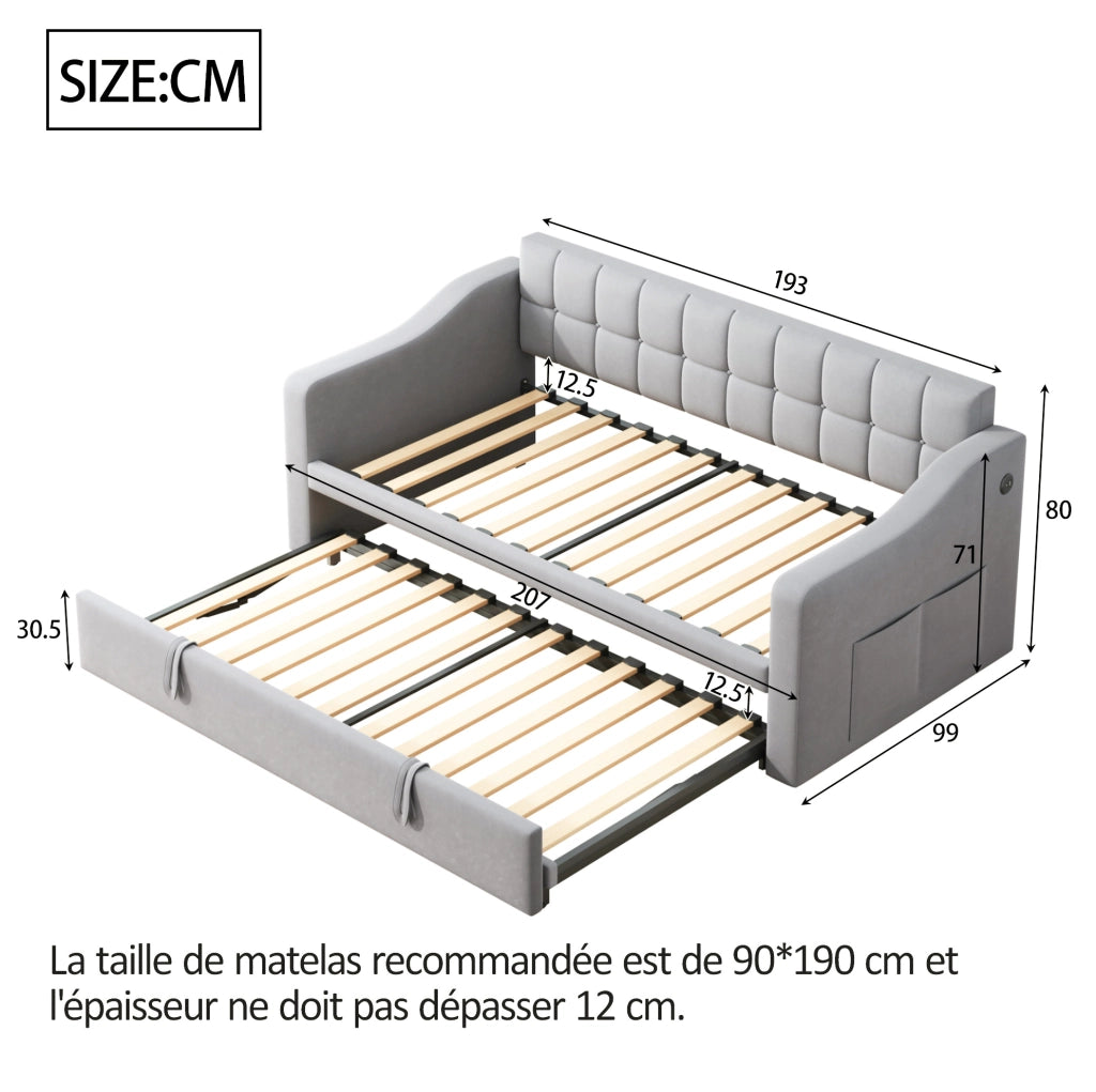 Letto imbottito estraibile 90x190 cm in velluto grigio chiaro con porte USB