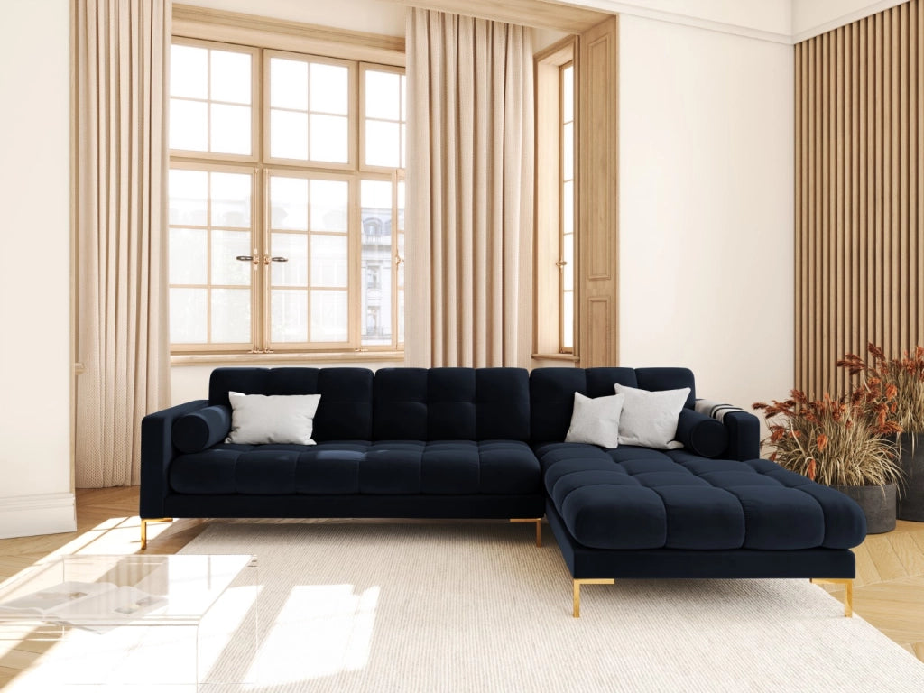 Cosmopolitan Design - Divano angolare destro "Bali" 5 posti in velluto blu scuro 