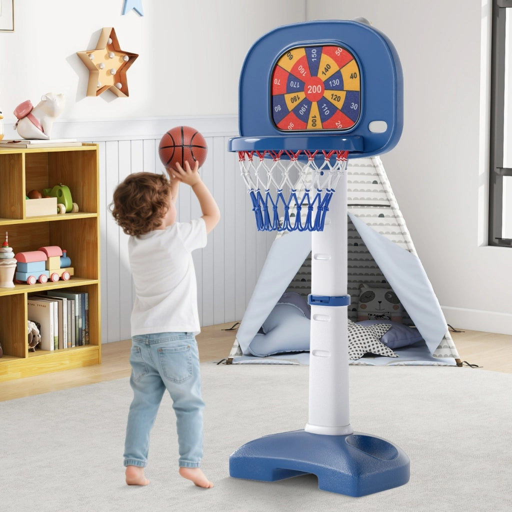 Gioco regolabile con lancio degli anelli per bambini e bambine, Canestro da basket per bambini 4 in 1 Bianco e Blu