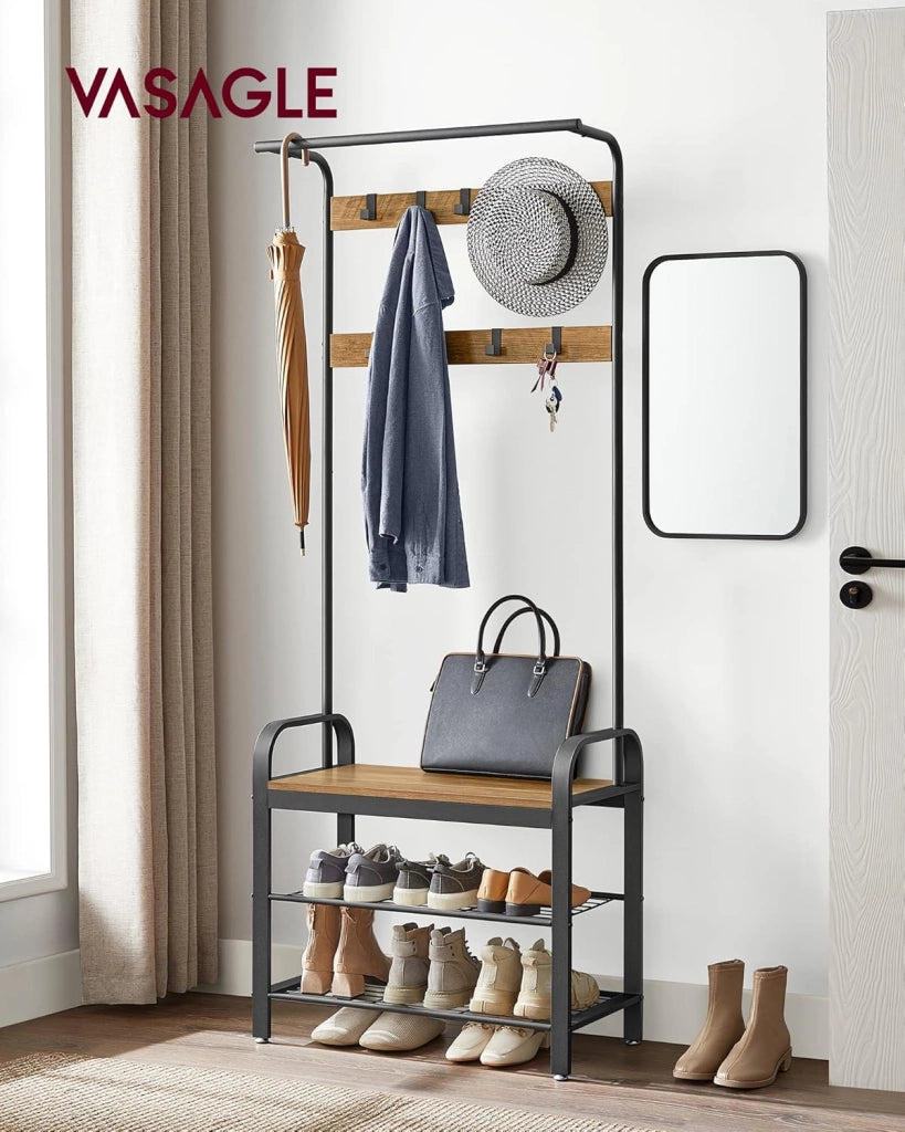 VASAGLE Appendiabiti con Scarpiera, Mobile da Ingresso con Panca, 4 in 1, 9 Ganci Rimovibili, Barra Attaccapanni, Entrata Corridoio, 33,7 x 77 cm, Industriale, Noce Medio e Nero HSR040B41