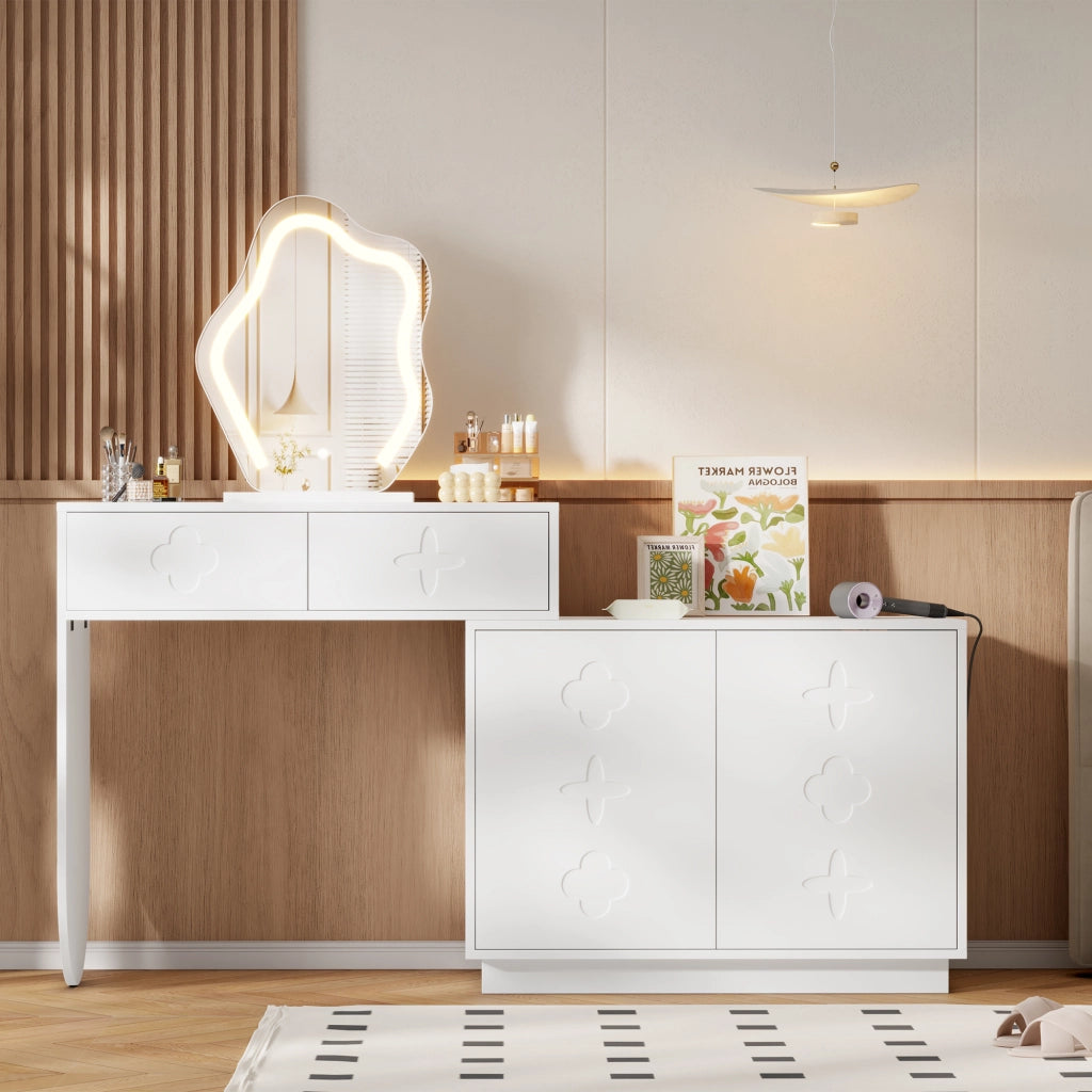 Tavolo da trucco con specchio LED, 2 cassetti e armadietto laterale con 4 scomparti, bianco, 160x40x132 cm