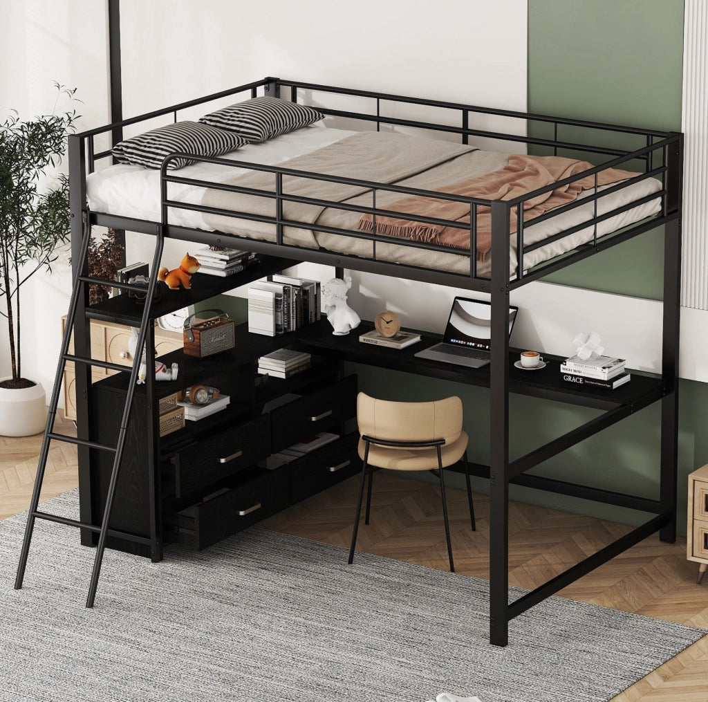 Letto a soppalco 140x200 cm nero con scrivania a L e cassetti