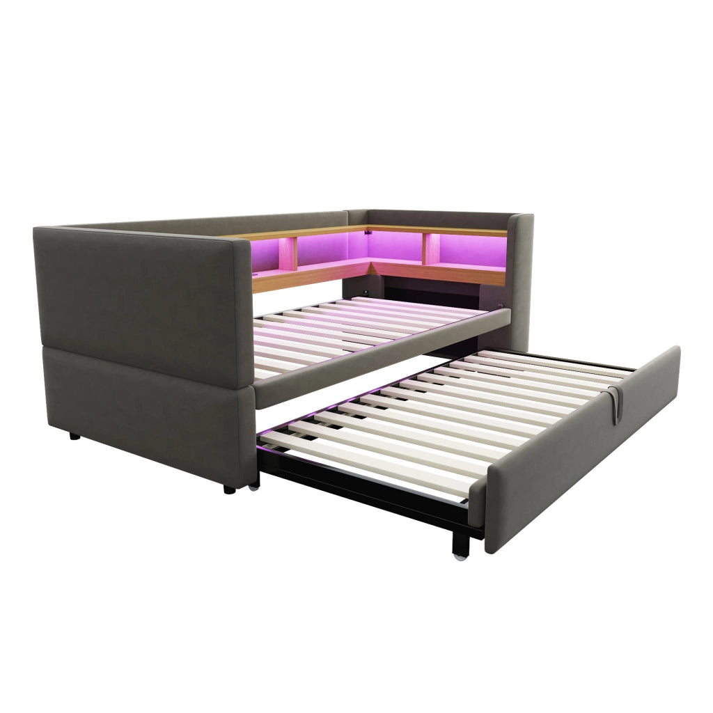 Divano letto imbottito convertibile 90/180 x 190 cm con LED, prese elettriche e vani contenitore, grigio scuro