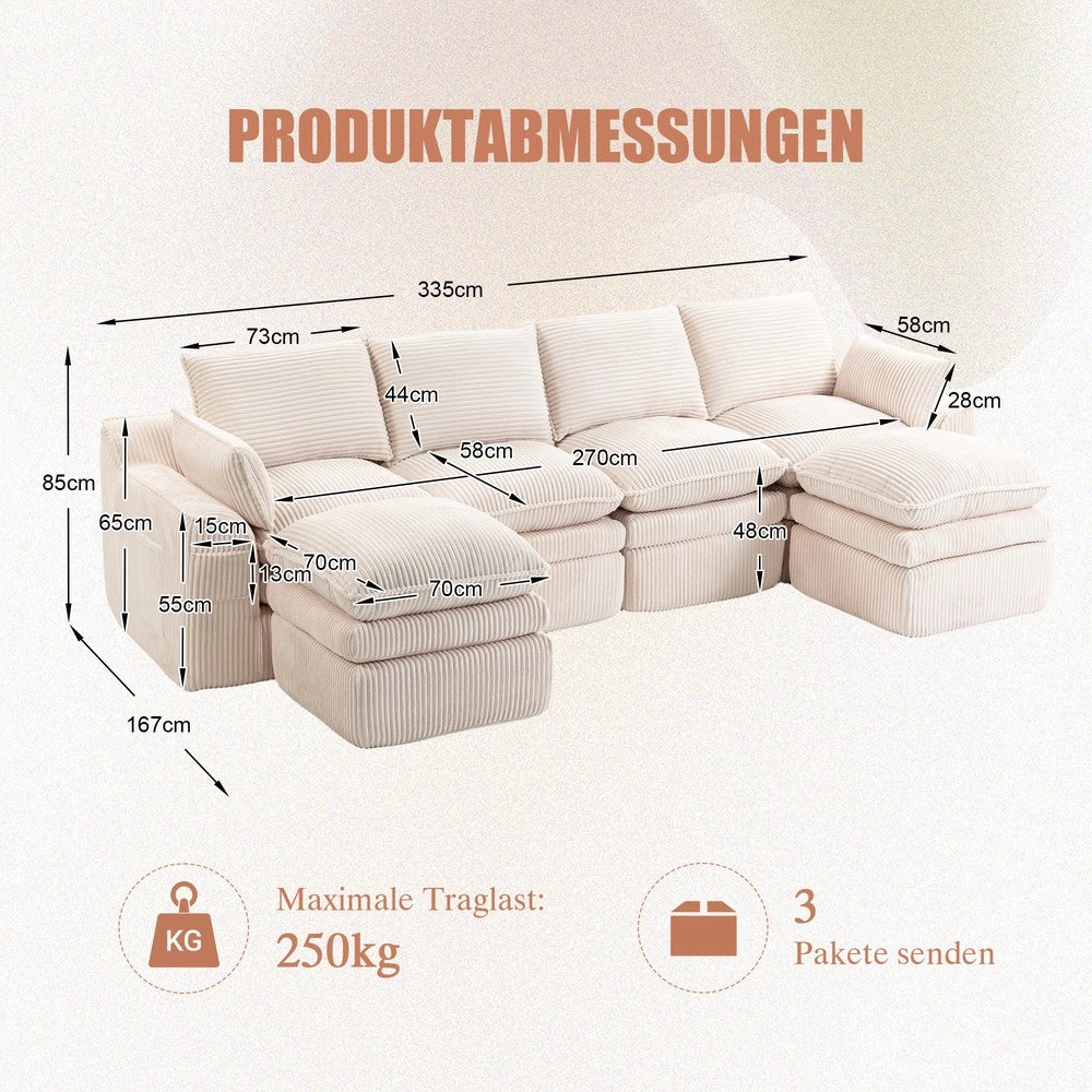 Divano 4 Posti Modulare con Poggiapiedi ¨C Xylo ¨C Velluto a Coste Beige, Cuscini e Tasche Laterali