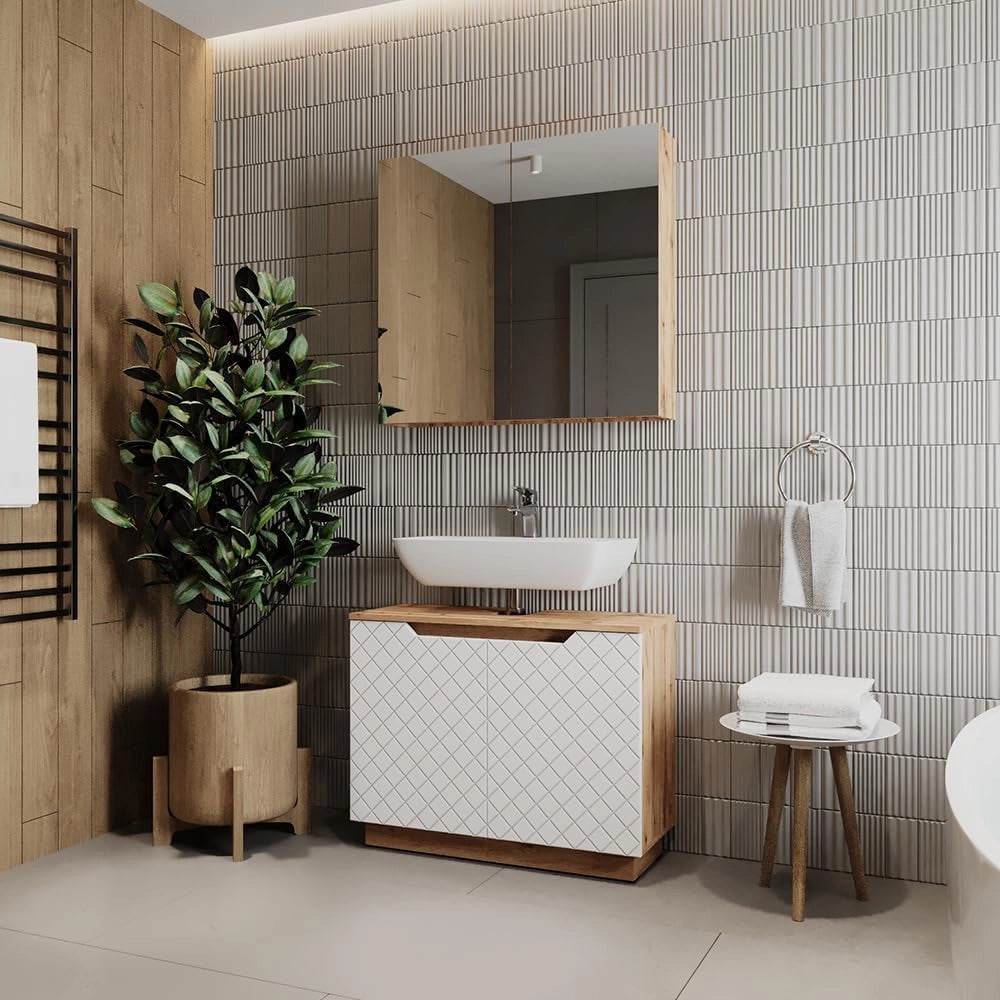 Set di mobili da bagno Lotta, Rovere/bianco con struttura in piastrelle, 2 parti