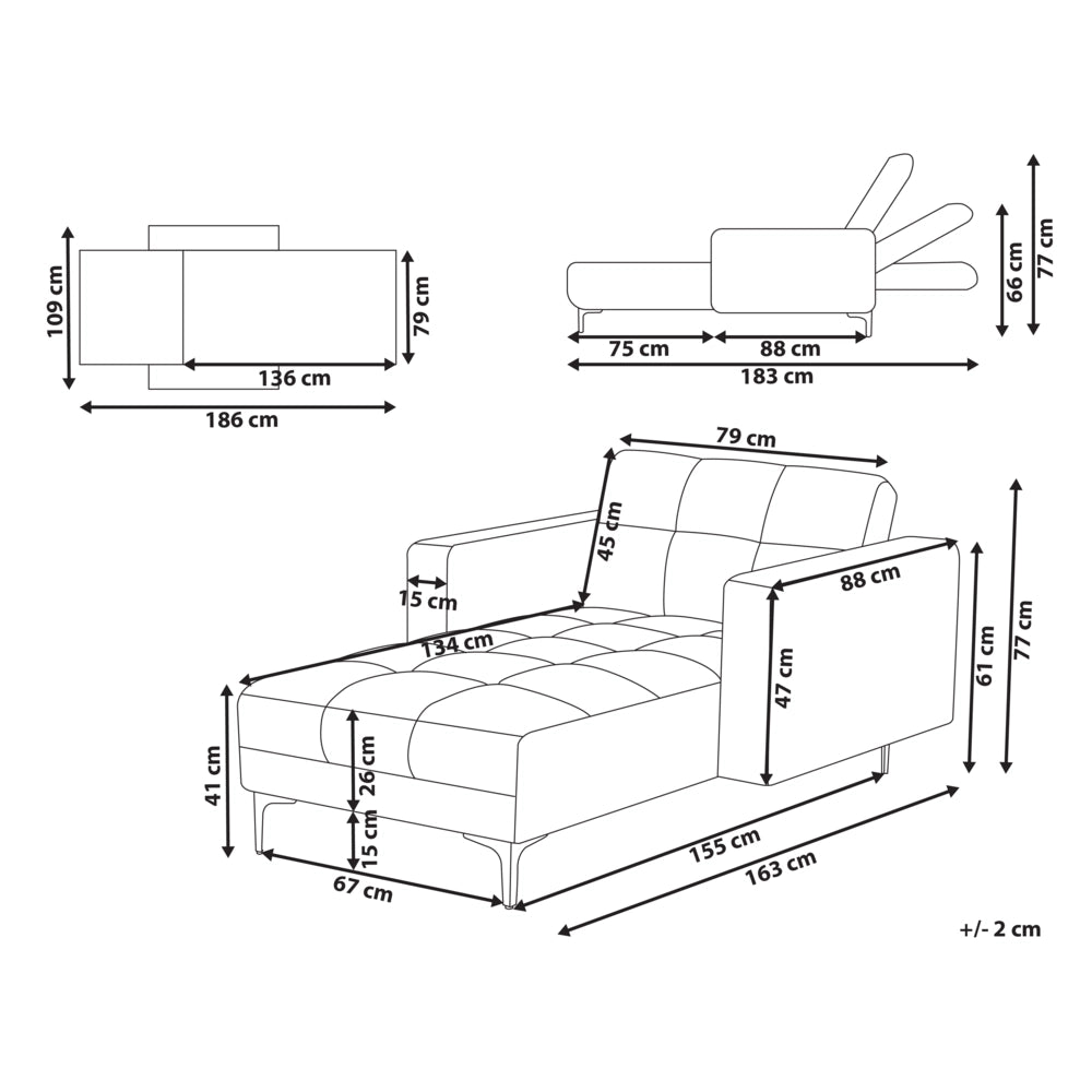 Chaise longue in tessuto bouclè bianco reclinabile con schienale a 3 posizioni stile elegante