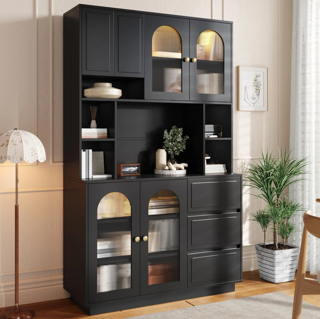 Credenza alta 106x30x175 cm in MDF nero， LED APP e contenitore cucina