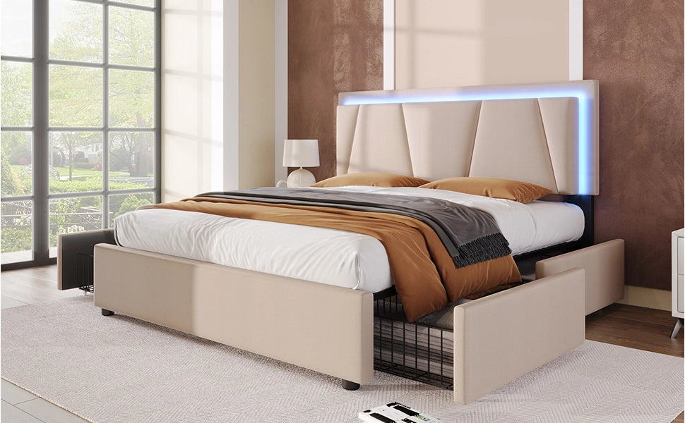 Letto con cassetti 160 × 200 cm con testiera regolabile, LED, 4 cassetti, senza materasso, in legno, beige