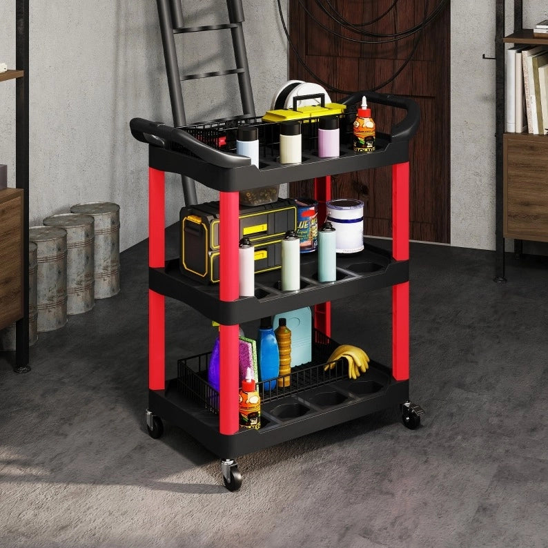 Carrello portautensili in plastica con 3 ripiani e ruote