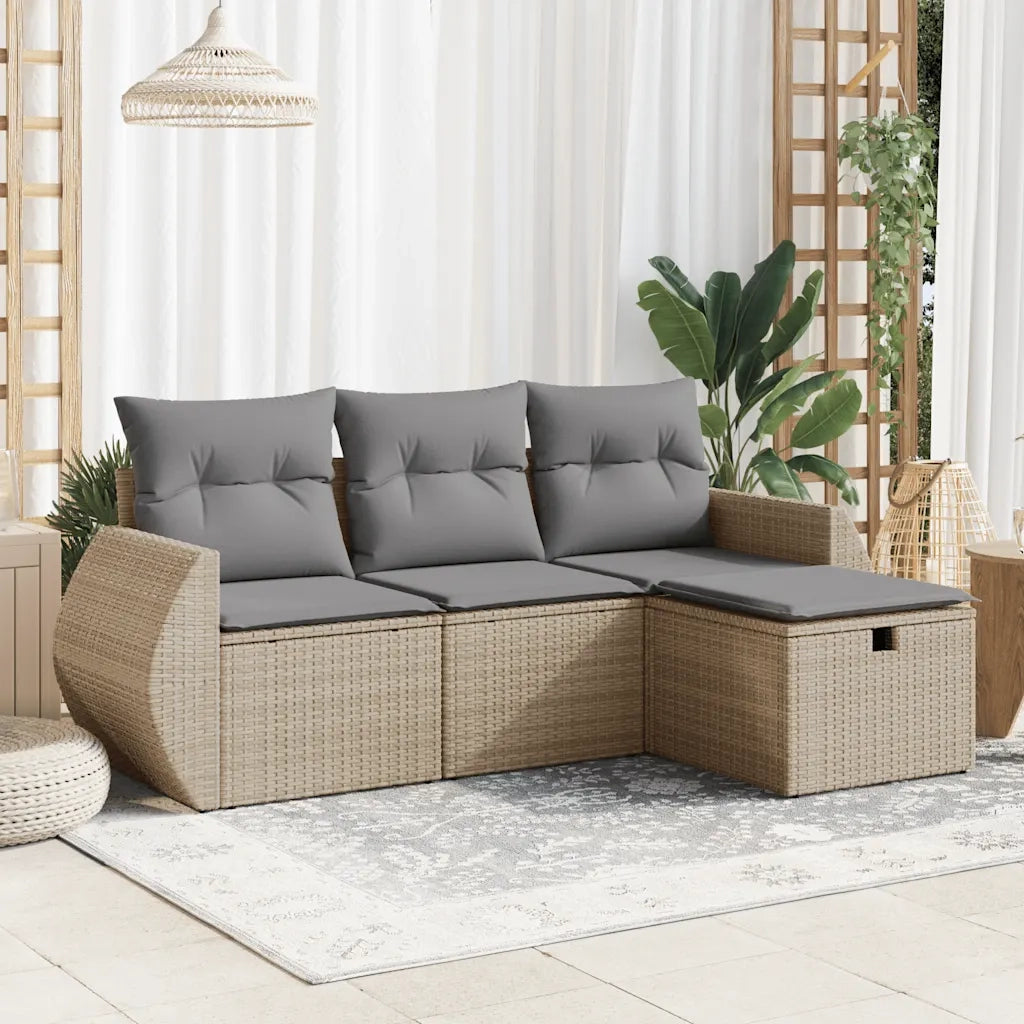 Set Divano da Giardino 4 pz | Set Salotto da Giardino con Cuscini Beige in Polyrattan