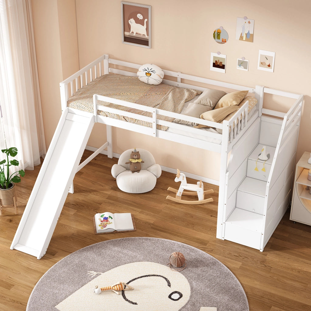 Letto a castello bianco in pino con scivolo e scala portante 90x200 cm
