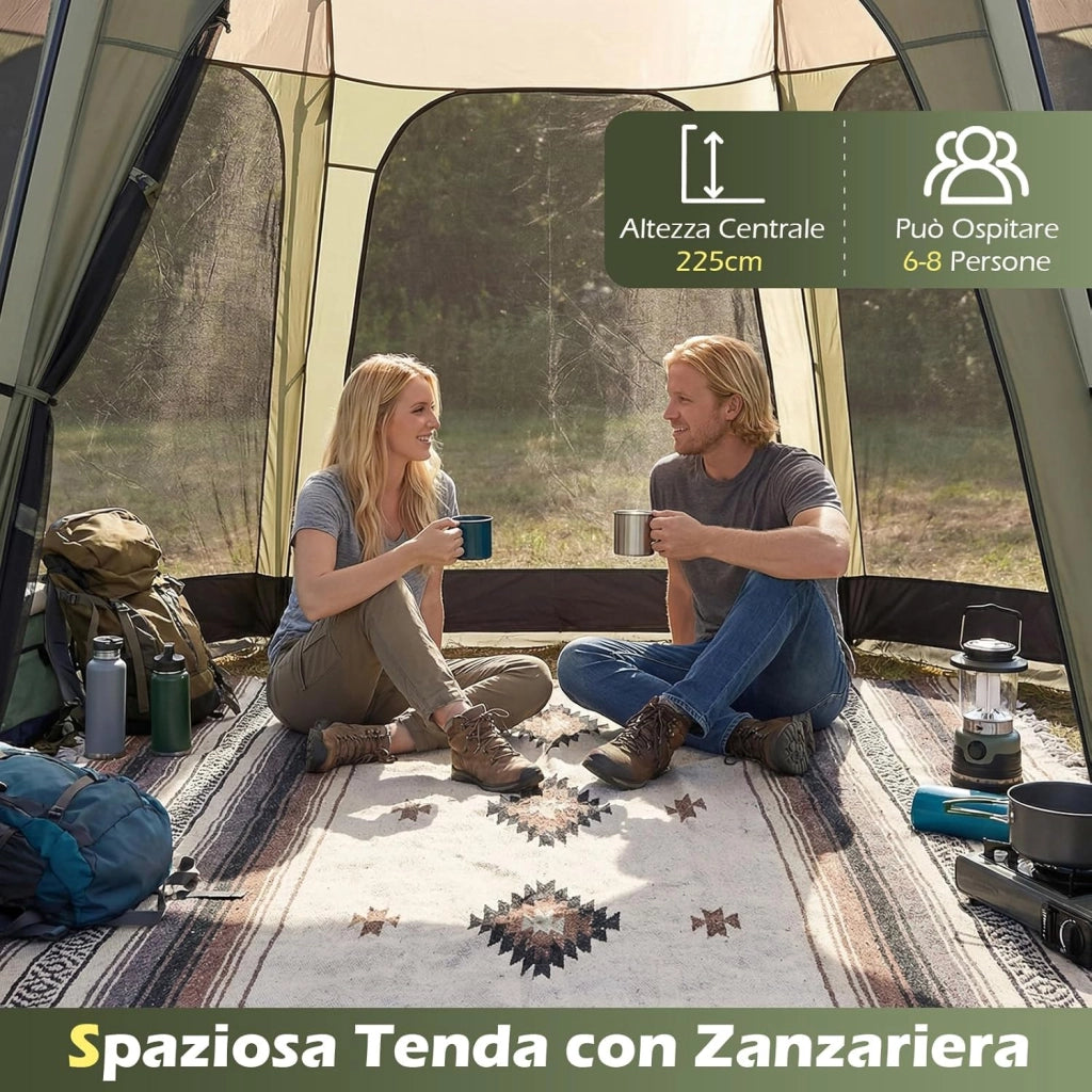 Tenda da Campeggio Pieghevole, Tenda da Esterno per 6-8 Persone con Zanzariera, 8 Corde Antivento, 16 Picchetti, Borsa per il Trasporto per Giardino e Cortile, 380 x 355 x 255 cm