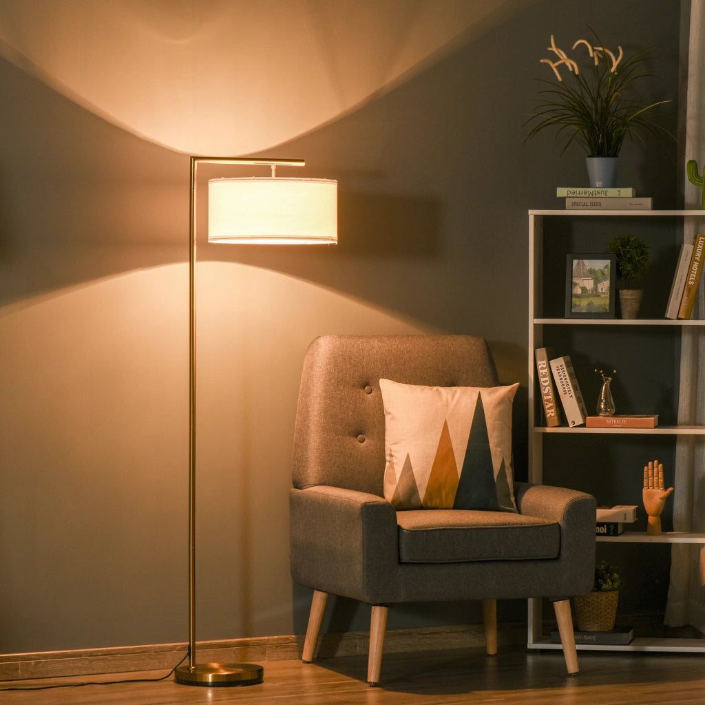 Lampada da terra a stelo con paralume in lino base rotonda stabile per ufficio camera da letto ¨C zephmum ¨C 47x37x153 cm oro e bianco