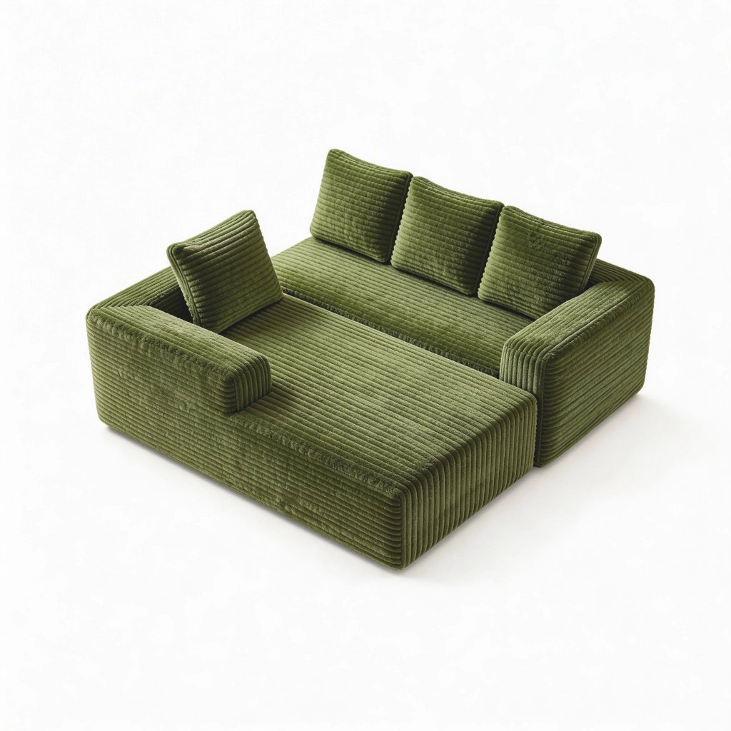 Divano modulare con chaise longue e seduta profonda; in velluto a coste verde 261×168×58 cm