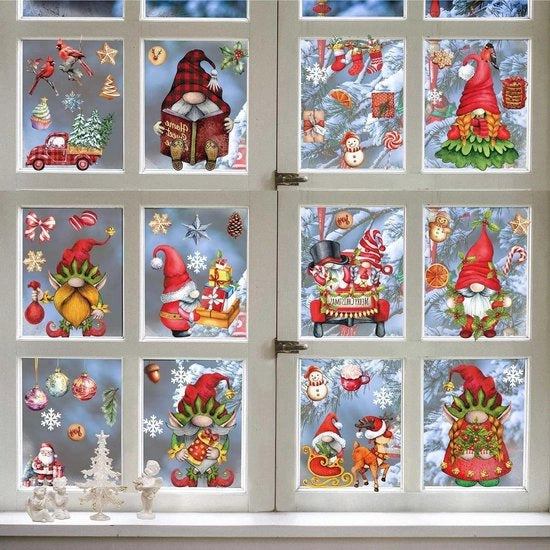 Decorazioni per finestre di Natale premium - Set di 9 fogli con elfi adesivi - Decorazione per finestre con tema natalizio per stanza dei bambini