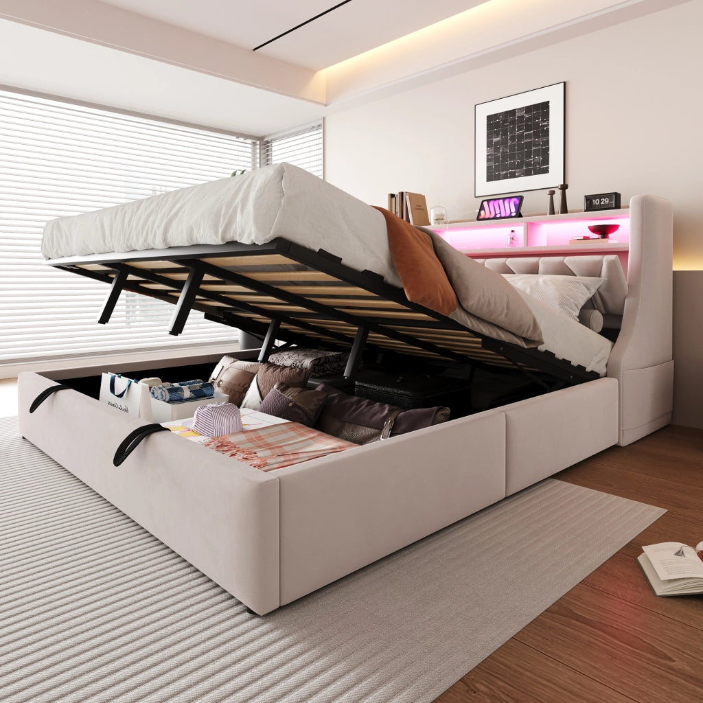 Letto imbottito 180x200 cm con testiera ribaltabile, luci LED, prese USB e Type-C, contenitore idraulico, velluto beige