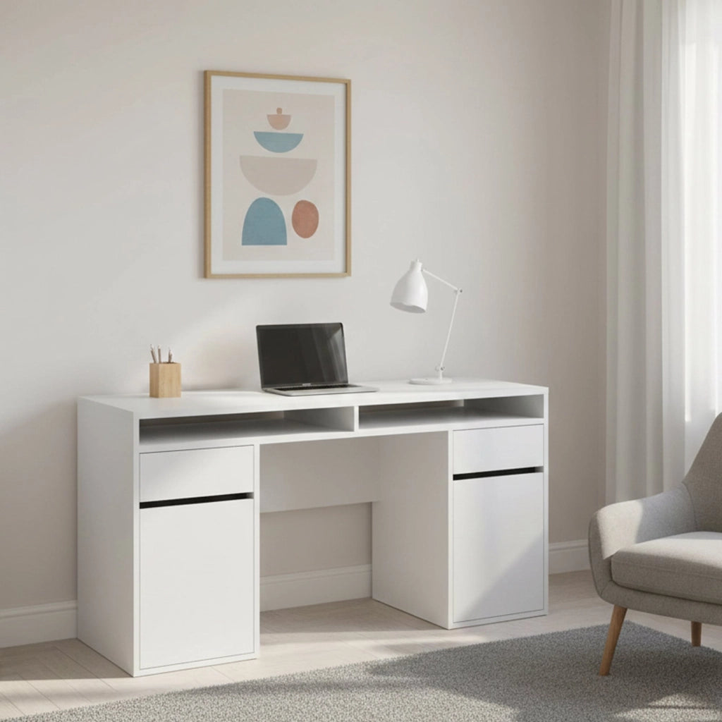 Scrivania Leepi, Scrittoio multiuso, Tavolo per ufficio porta PC, Piano di lavoro, 149x48 h77 cm, Bianco lucido