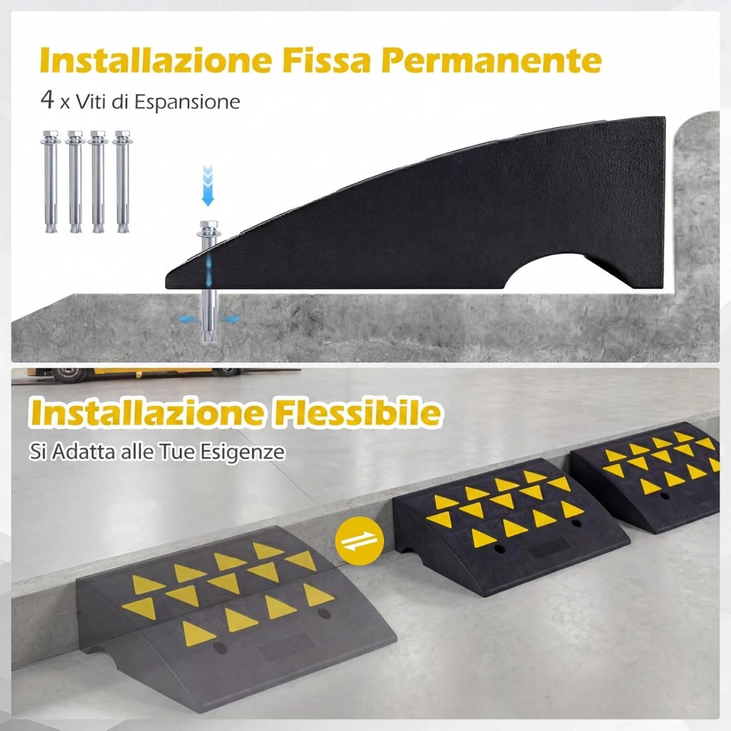 Set di 2 Rampe per Soglia, Rampa per Marciapiede in Gomma Antiscivolo con Strisce Riflettenti Triangolari Gialle e Fori di Drenaggio, Capacità Carico 15 Tonnellate (49 x 37 x 16cm)