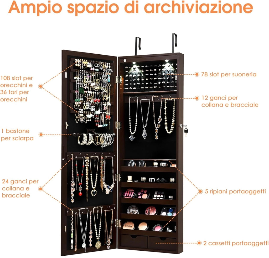 Armadio per Gioielli con 2 luci LED, con Specchio a Figura, Organizer Montato al Muro con Ganci Regolabili per Appendere, Armadio Portagioie per Truccarsi (Marrone)