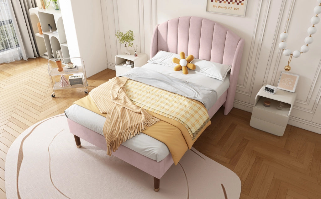 Letto singolo imbottito 90x200 cm con rete a doghe e testiera in velluto rosa