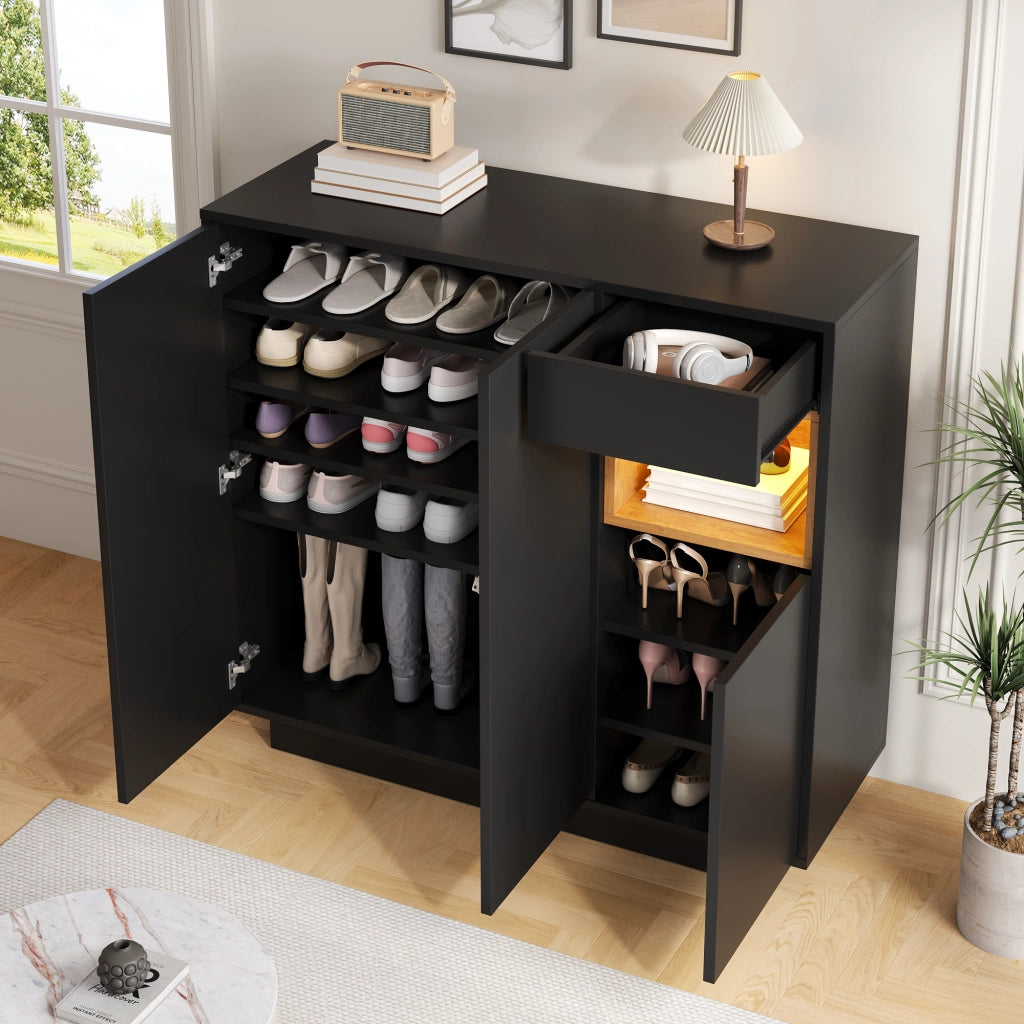 Mobile Scarpiera con 1 Cassetto; Ripiani Regolabili e LED 16 Colori; Stile Moderno; in Pannelli; Nero/Naturale; 105??39;5??100;5 cm