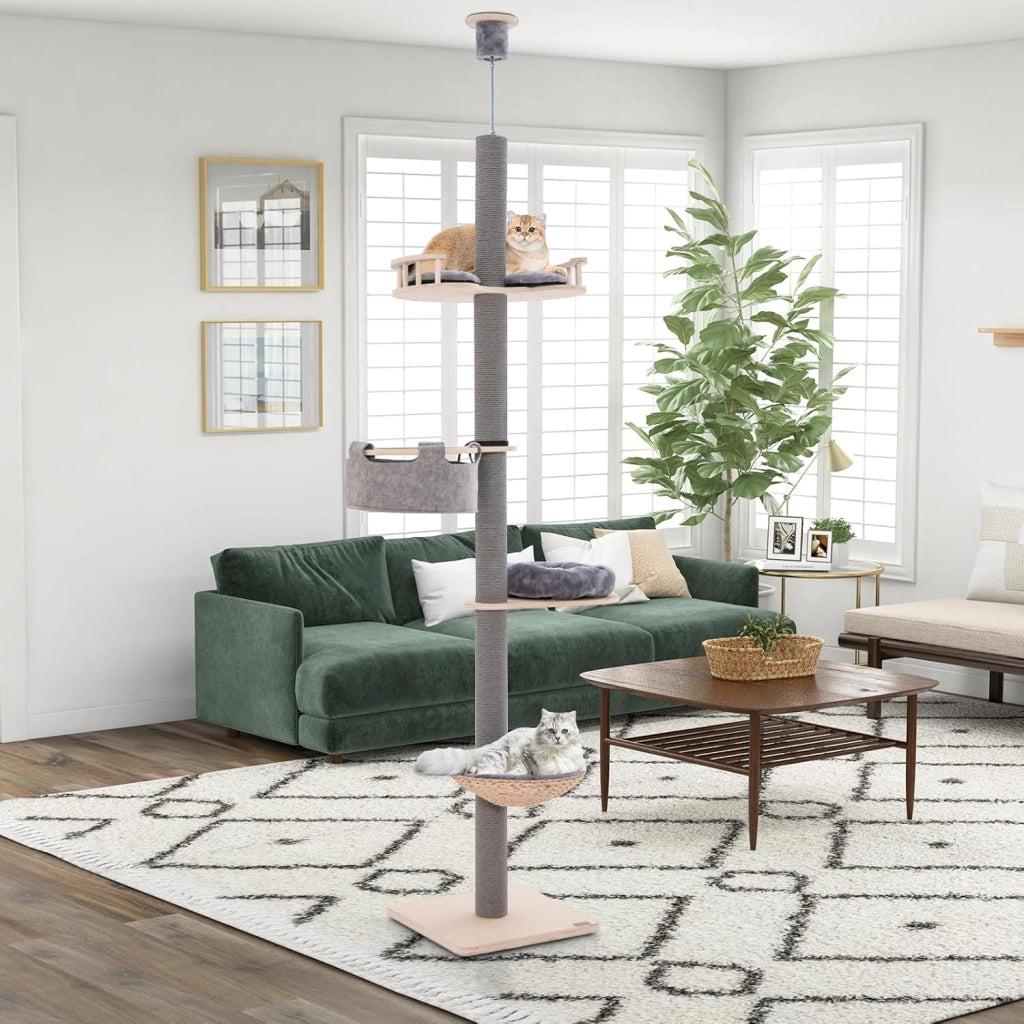 Tiragraffi alto a soffitto, altezza 236 – 271 cm, con 4 livelli, pedana per lettino, tronco spesso 10 cm, tenditore a soffitto regolabile in altezza, albero da arrampicata per gatti
