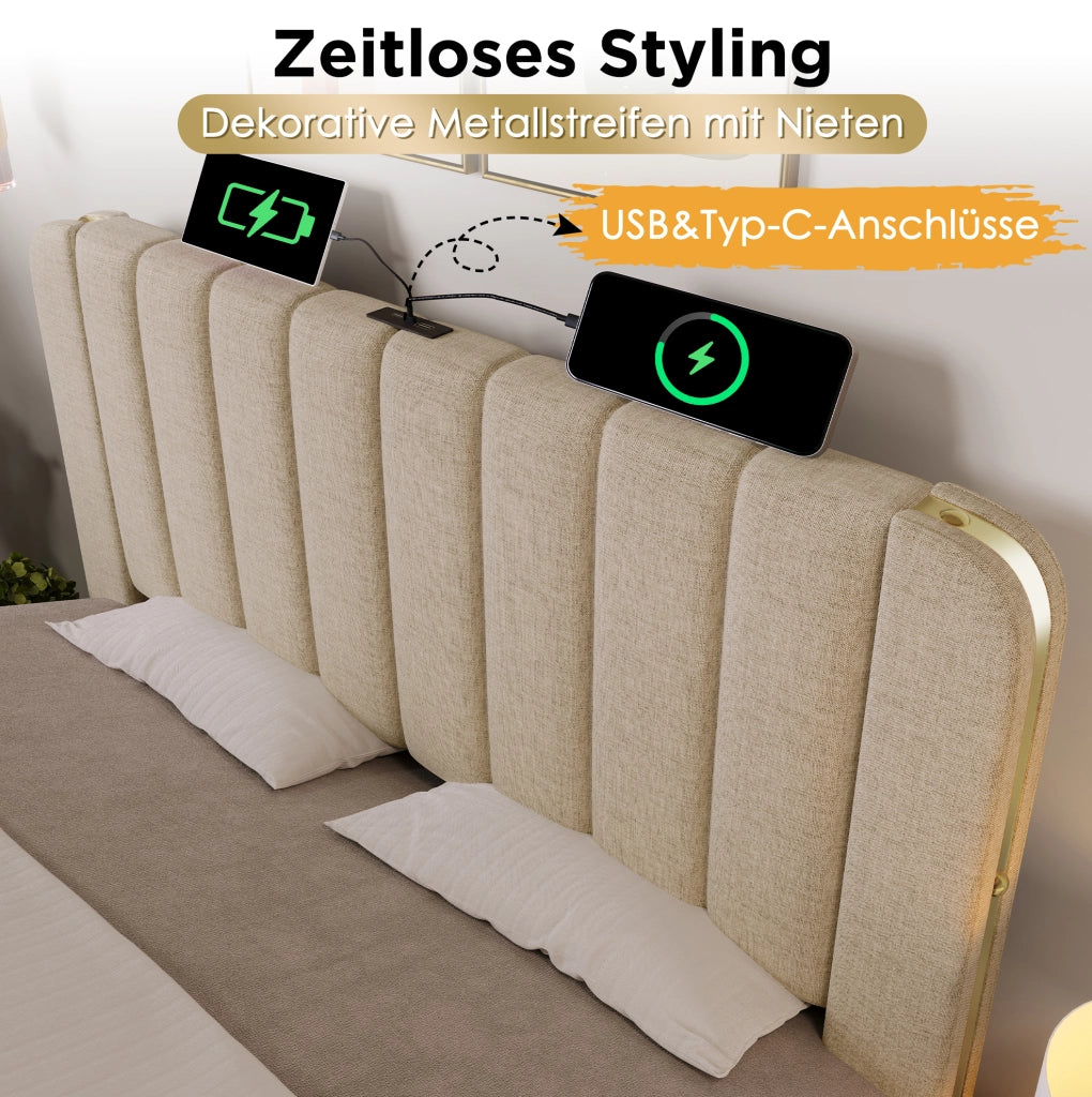 Letto matrimoniale 140x200 cm in lino beige con testiera USB Type-C e 4 cassetti