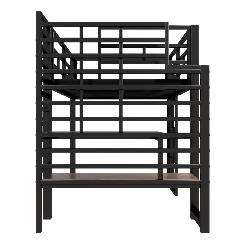 Letto a soppalco singolo 90 × 200 cm con scala contenitore, luci LED e finestre, senza materasso, nero