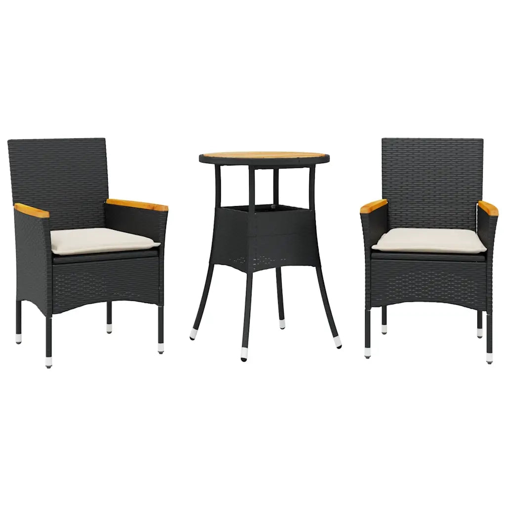 Set Pranzo da Giardino 3 pz | Set Salotto da Giardino con Cuscini Nero Polyrattan Acacia