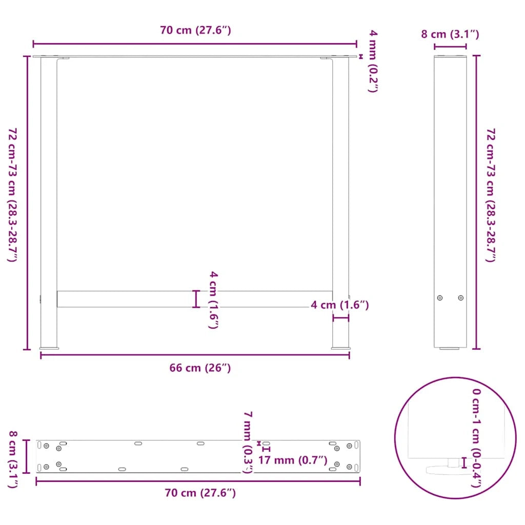 Set di 2 gambe quadrate per tavolo da pranzo 70 x 72 cm con piedini regolabili stile moderno acciaio antracite 02_0057550