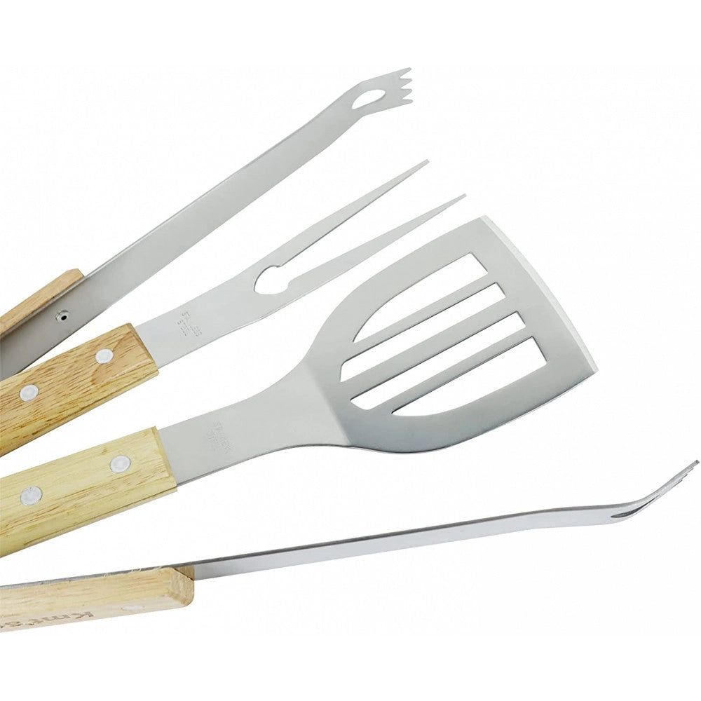 Trade Shop - Set 3 Attrezzi Griglia Barbecue Forchettone Pinza Spatola In Acciaio Manico Legno -
