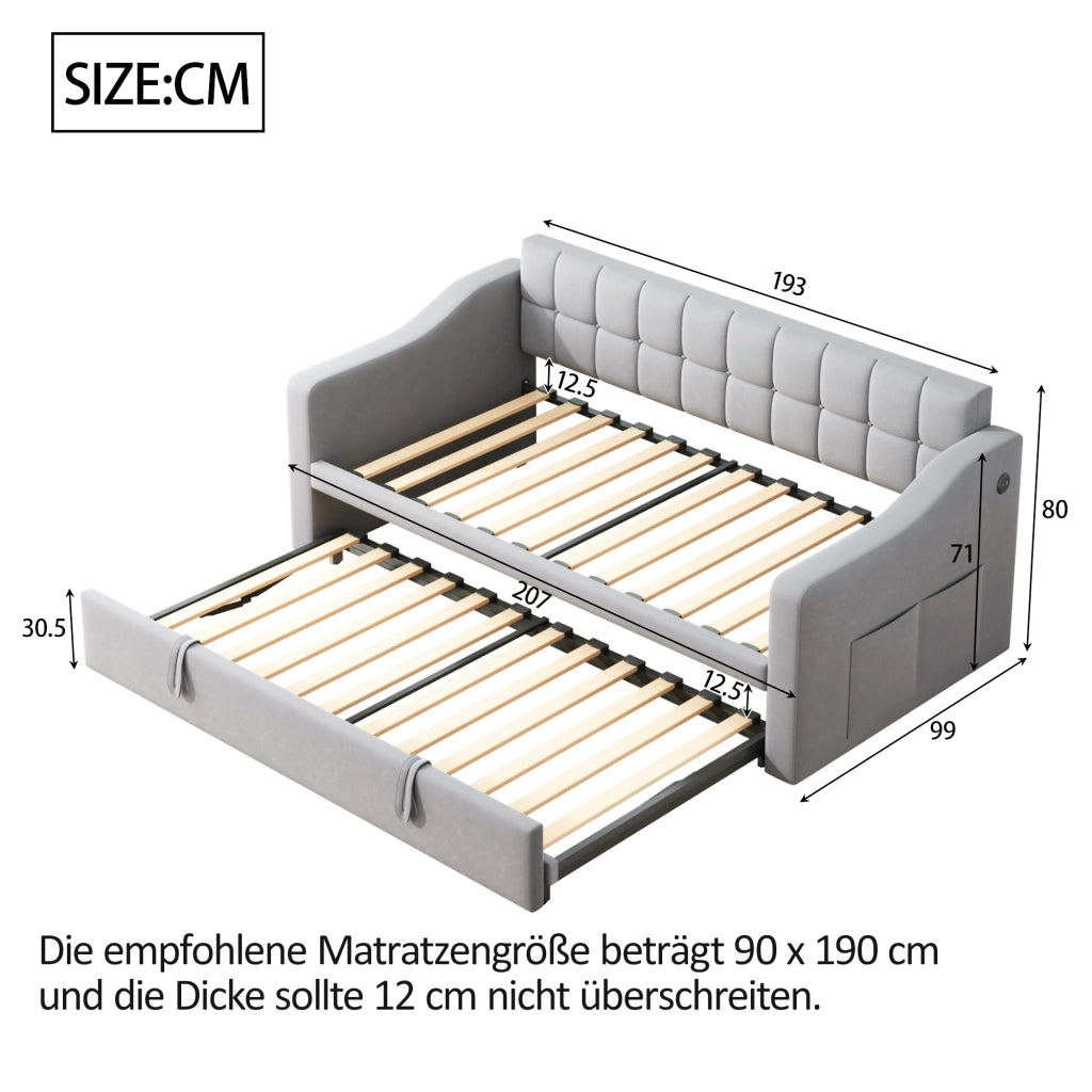 OKWISH Letto Estraibile 90×190 cm, Letto Singolo con 2 Porte USB, Presa e Tasca Portaoggetti, senza Materasso, Velluto, Grigio Chiaro