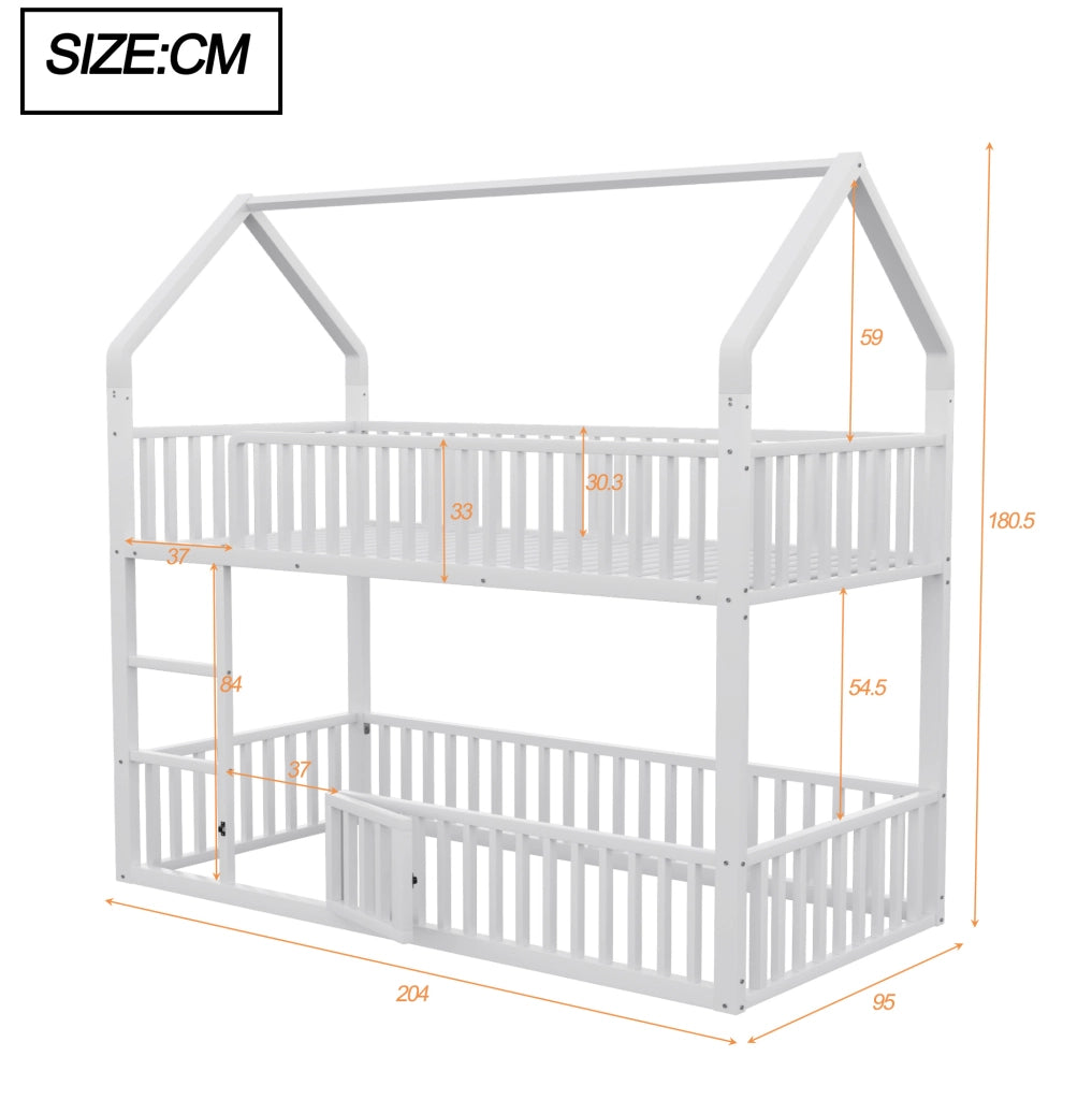 Letto a castello in metallo con design a casa, 90x200 cm, bianco