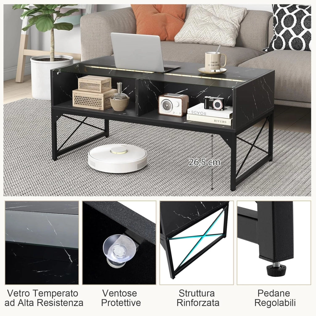 COSTWAY Tavolino da Salotto, Tavolino da Caffè da in Vetro e Legno con Luce LED Multicolore Regolabile a Telecomando e Ripiani, Tavolino per Soggiorno e Ufficio, 105 x 55 x 50 cm (Nero)