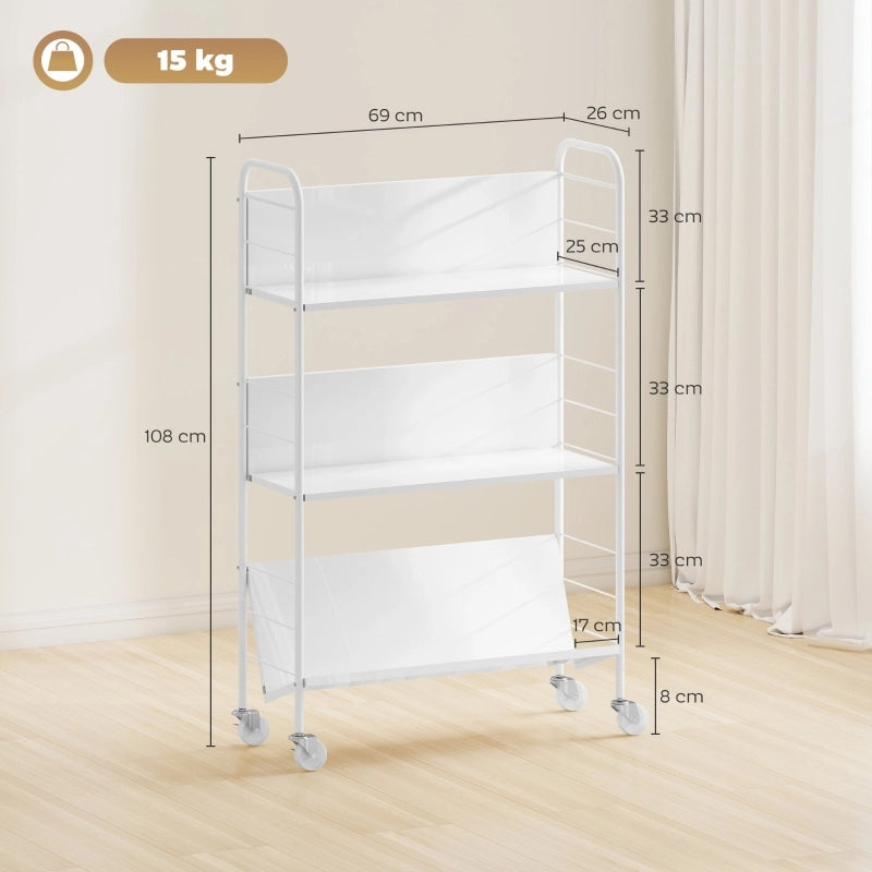 Libreria a 3 livelli con ruote, struttura in metallo, 69 x 26 x 108 cm, bianco