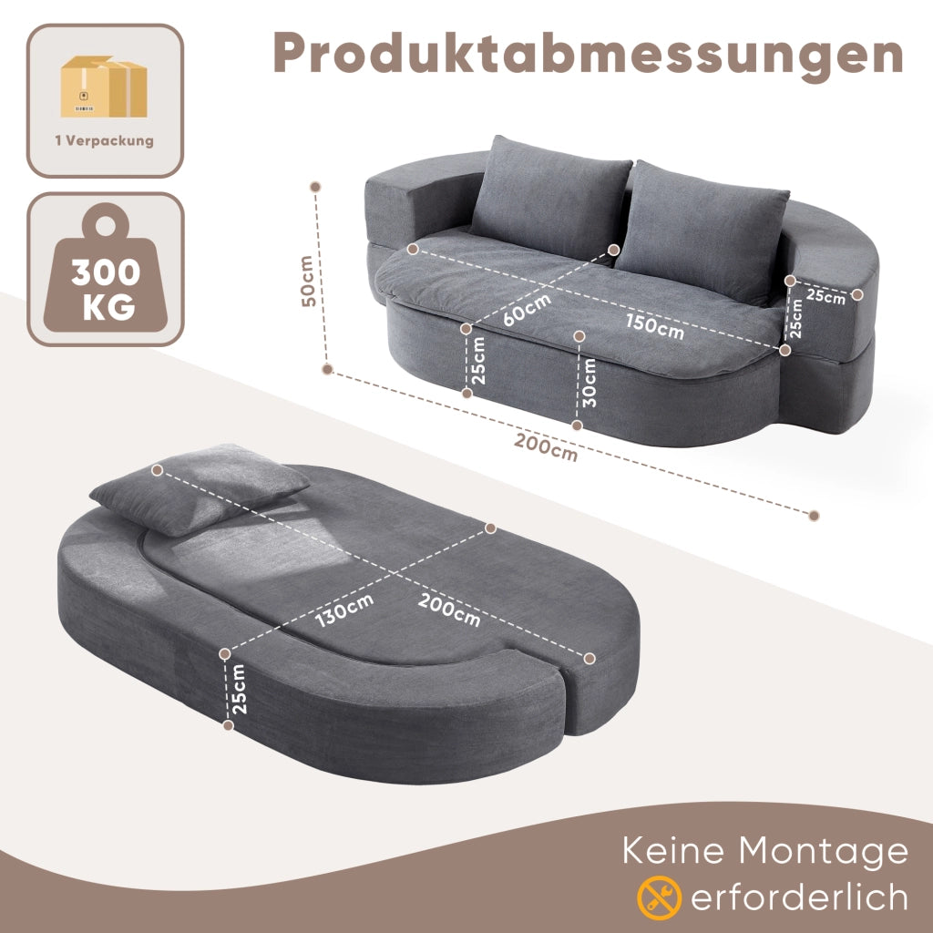 Divano letto pieghevole 3 in 1 trasformabile, con schiuma ad alta densità, tessuto sfoderabile, colore grigio chiaro