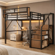 Letto a soppalco 140 × 200 cm con scrivania lunga, LED, scaffale regolabile et scala di sicurezza, senza materasso