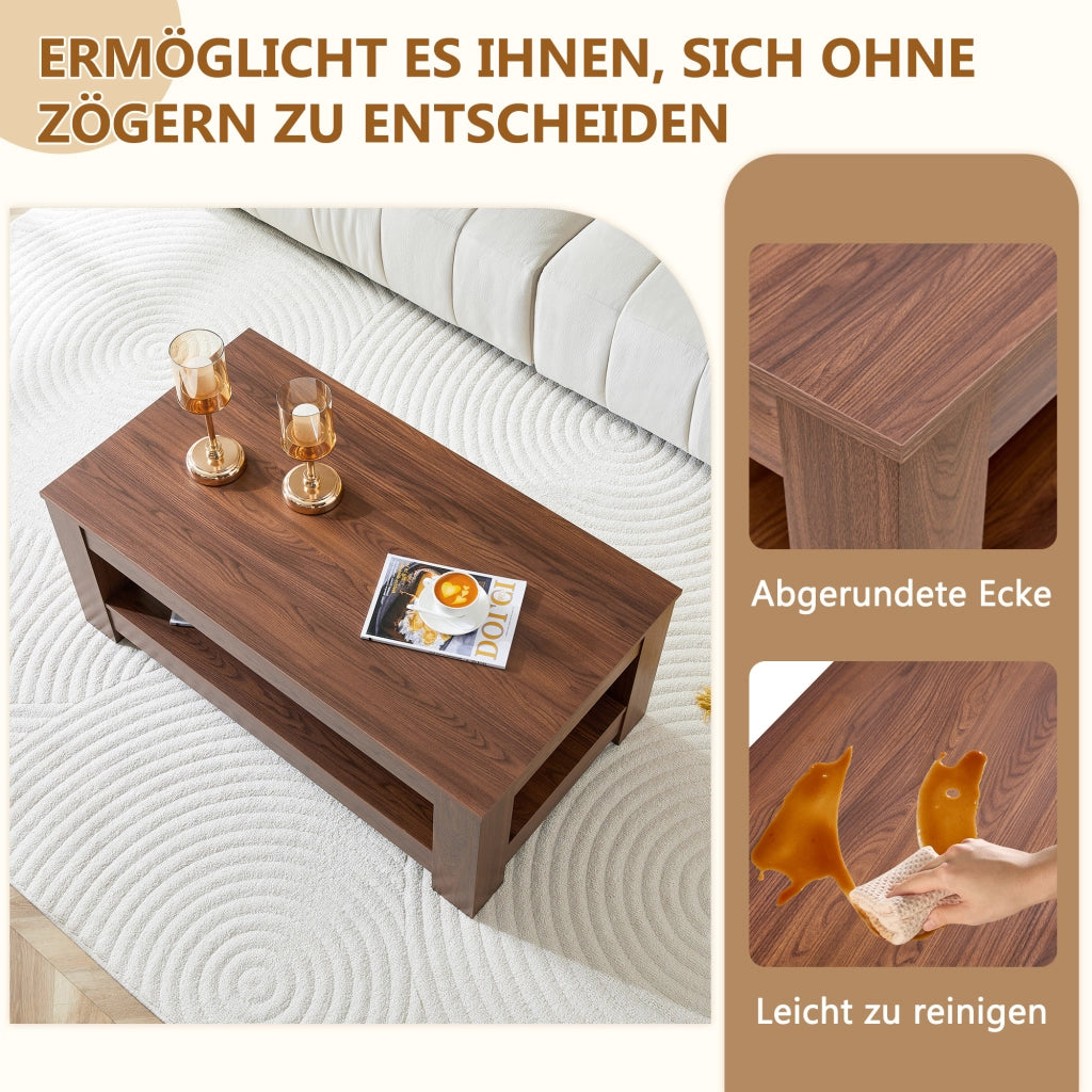 Tavolino da caffè con 2 ripiani - per soggiorno - in MDF - 111.5×62.0×21.5 cm - noce