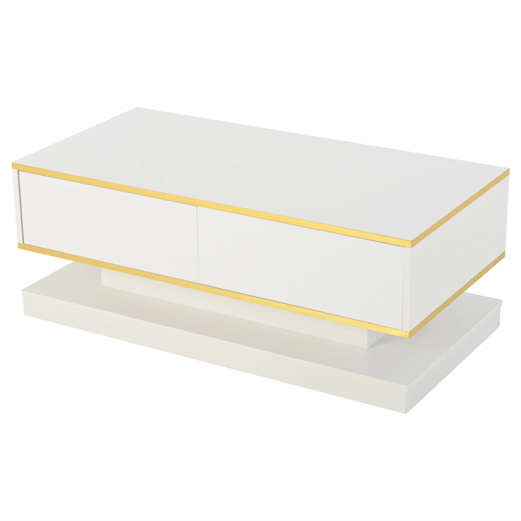 TAVOLINO DA SALOTTO 100 x 50 x 38 cm Bianco caldo con bordi oro e 2 cassetti