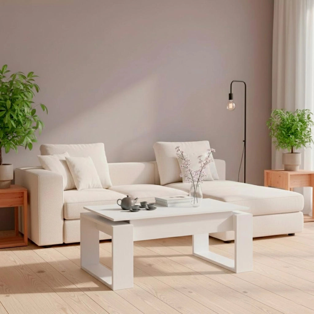 Tavolino Da Soggiorno Rialzabile Con Piano Sollevabile Tavolo Da Caffè Moderno Per Pranzo Salvaspazio Ideale Per Mangiare Lavorare E Organizzare Il Living 105 X 55 X 45 Cm Bianco